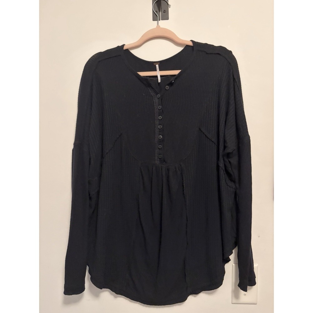 Free People Leo Henley Tunic Top Black Size Small Long Sleeve